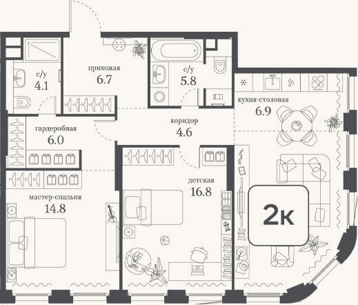 Планировка: 2-к, 83,5 м²