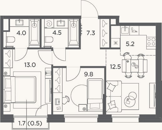 Планировка: 3-к, 56,3 м²