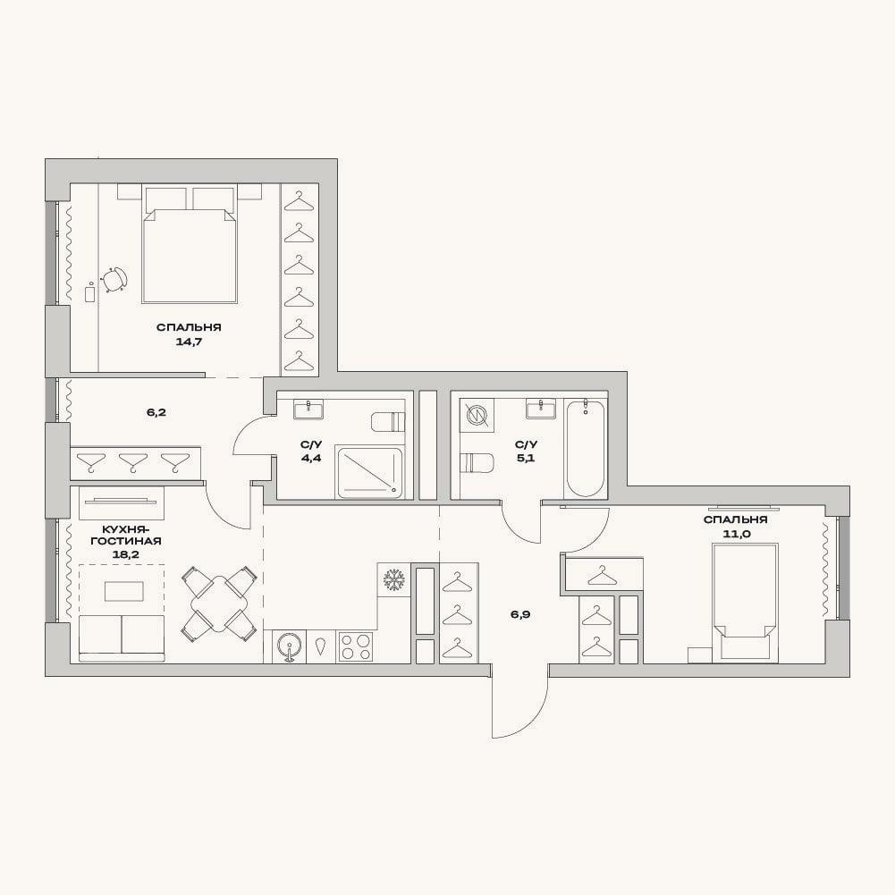 Планировка: 3-к, 66,5 м²