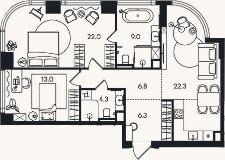 Планировка: 3-к, 83,7 м²