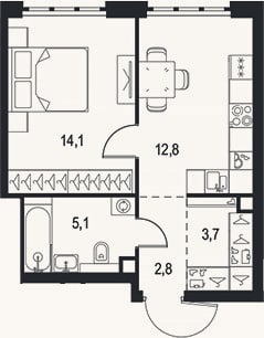 Планировка: 1-к, 38,5 м²