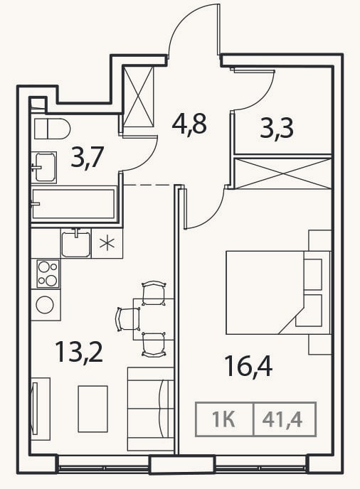 Планировка: 1-к, 41,4 м²