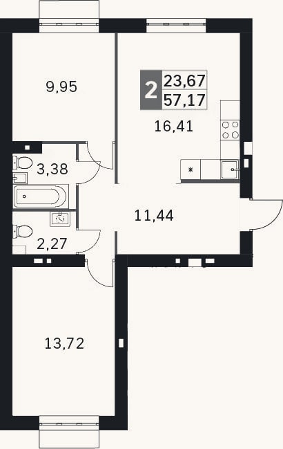 Планировка: 3-к, 57,2 м²