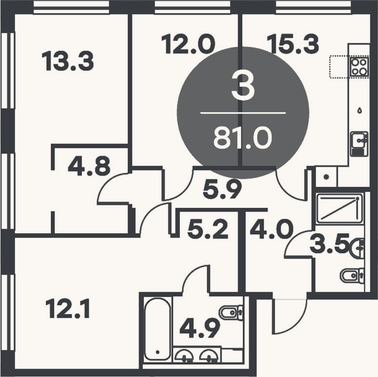 Планировка: 3-к, 81 м²