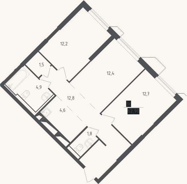 Планировка: 3-к, 62,9 м²