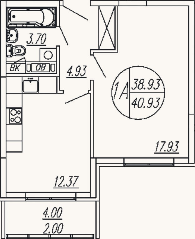 Планировка: 1-к, 38,9 м²