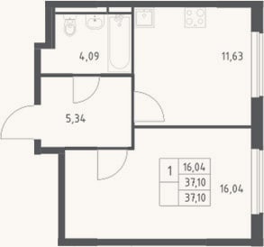 Планировка: 1-к, 37,1 м²