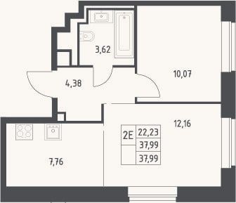 Планировка: 2-к, 38 м²