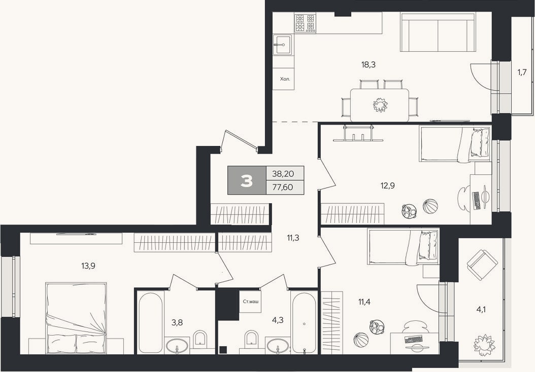 Планировка: 3-к, 75 м²