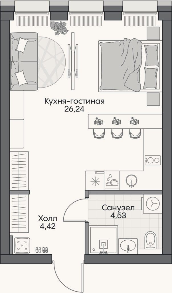 Планировка: Студия, 34,5 м²