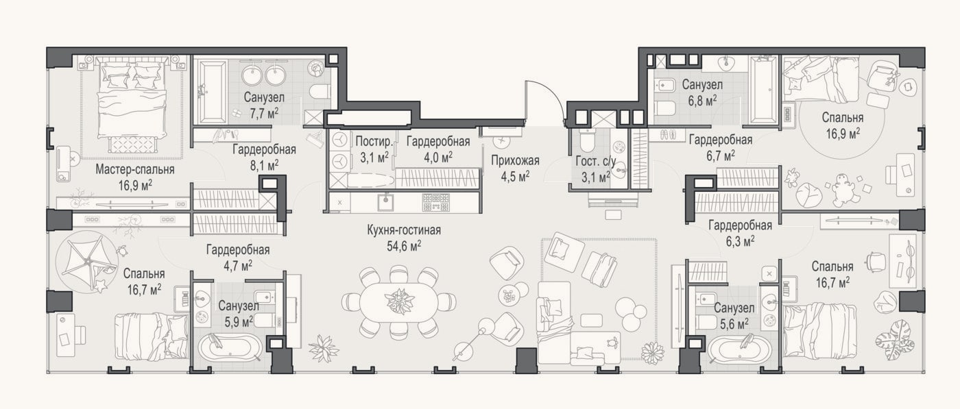 Планировка: 4+ к, 187,1 м²