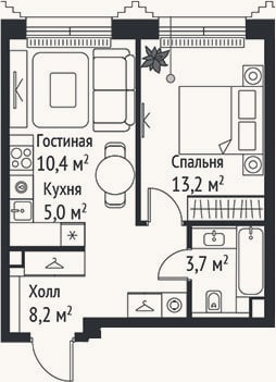 Планировка: 2-к, 40,5 м²
