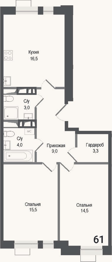 Планировка: 3-к, 65,8 м²