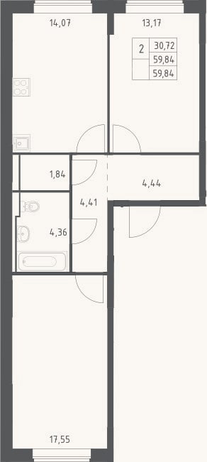 Планировка: 2-к, 59,8 м²