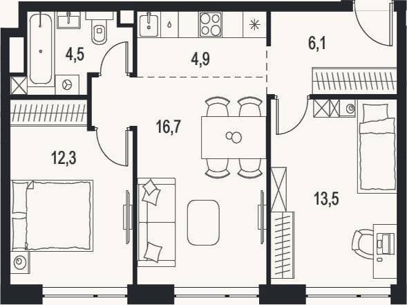 Планировка: 3-к, 58 м²
