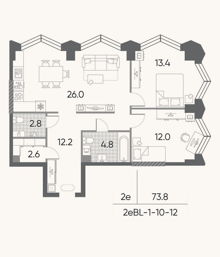 Планировка: 3-к, 73,8 м²