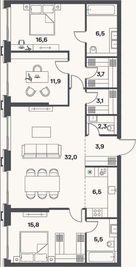 Планировка: 4+ к, 107,8 м²