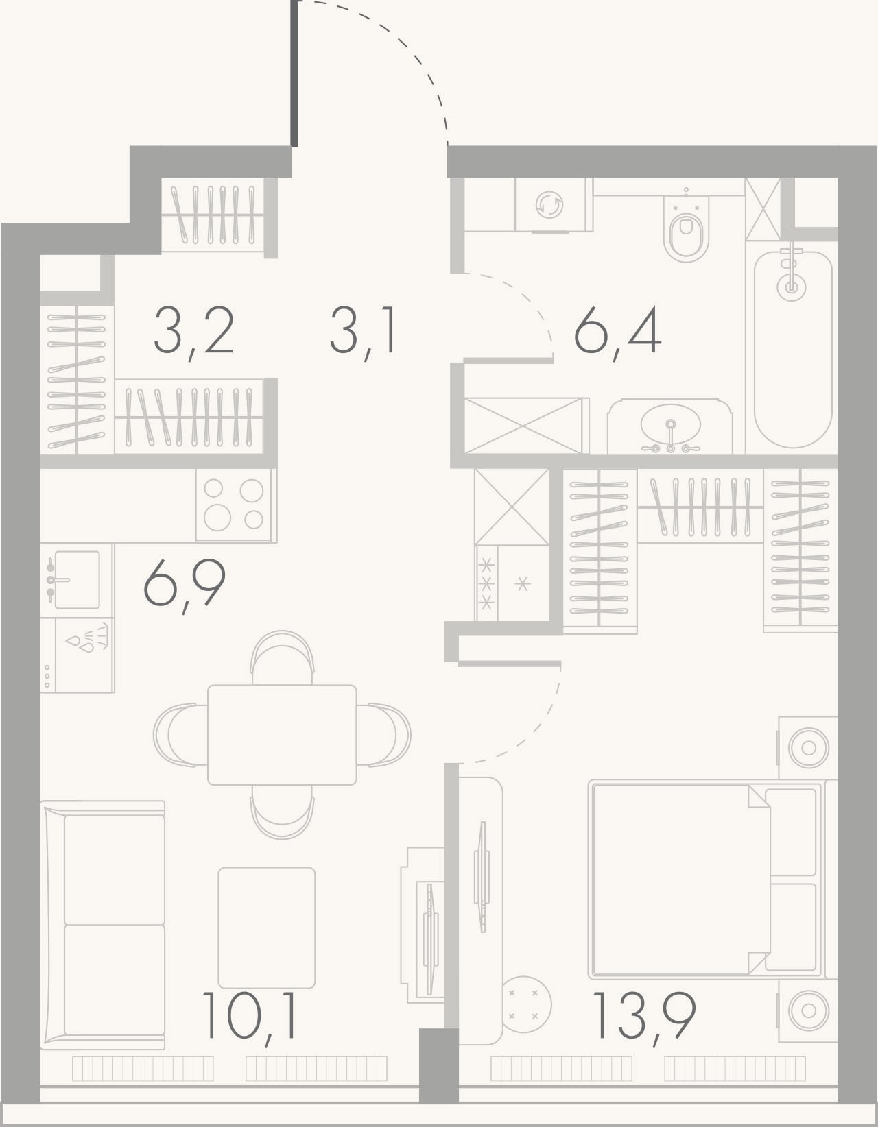 Планировка: 2-к, 42,4 м²