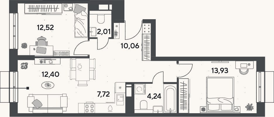 Планировка: 3-к, 62,9 м²