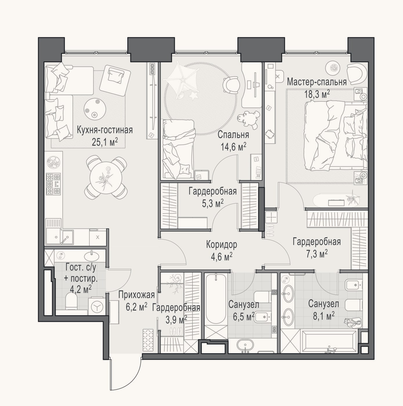 Планировка: 3-к, 104,7 м²