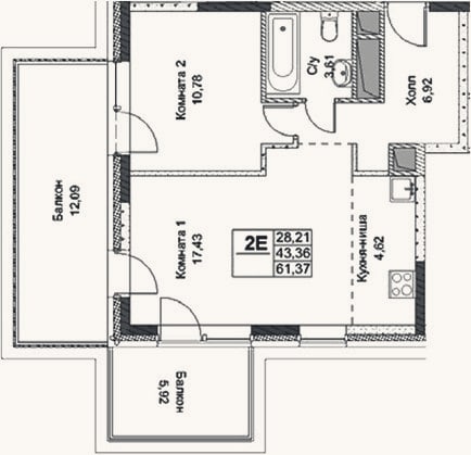 Планировка: 2-к, 43,4 м²