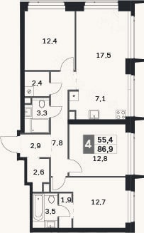 Планировка: 4+ к, 86,9 м²