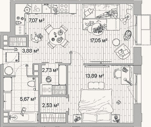 Планировка: 2-к, 52,8 м²