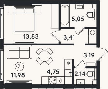 Планировка: 2-к, 44,4 м²