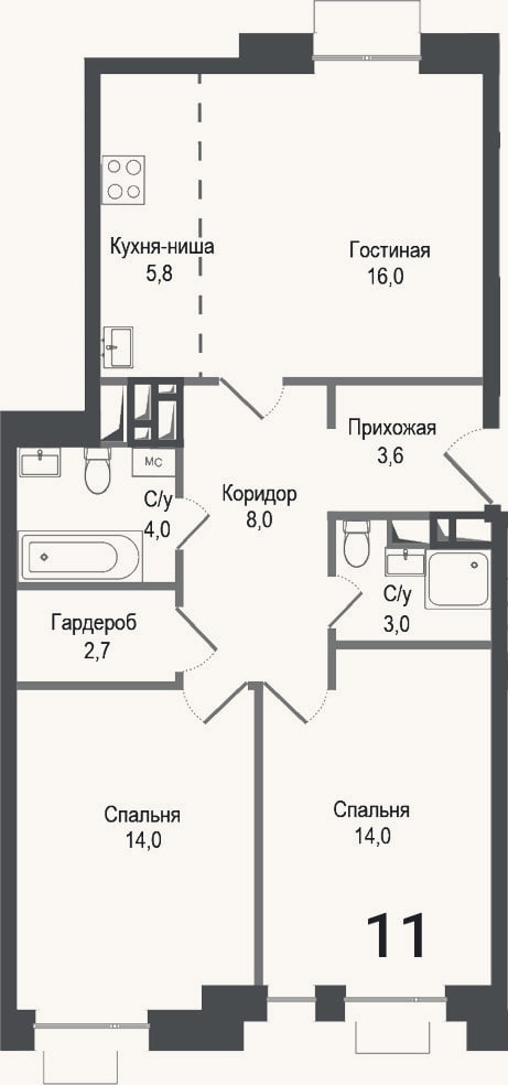 Планировка: 3-к, 70,3 м²