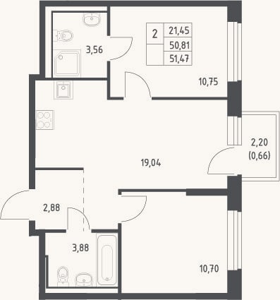Планировка: 3-к, 50,8 м²