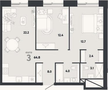 Планировка: 3-к, 64,8 м²