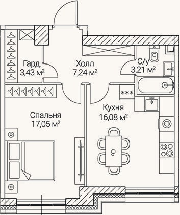 Планировка: 1-к, 47 м²