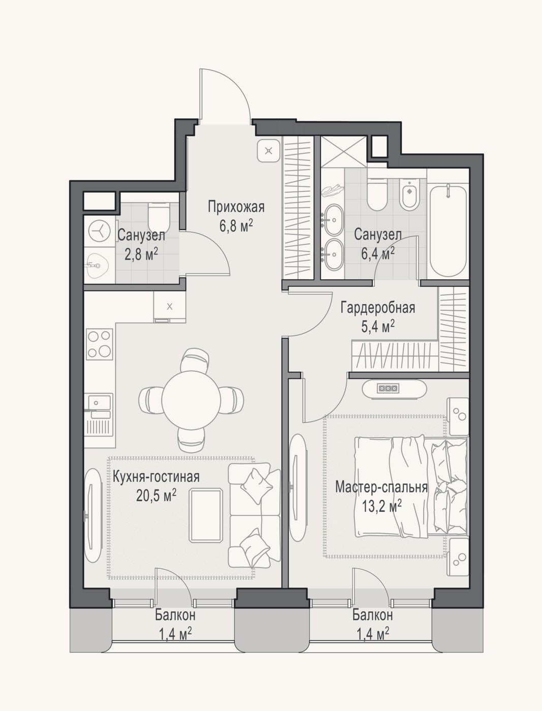 Планировка: 2-к, 55,5 м²