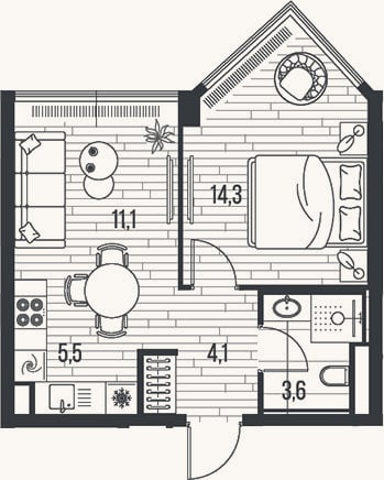 Планировка: 2-к, 38,6 м²