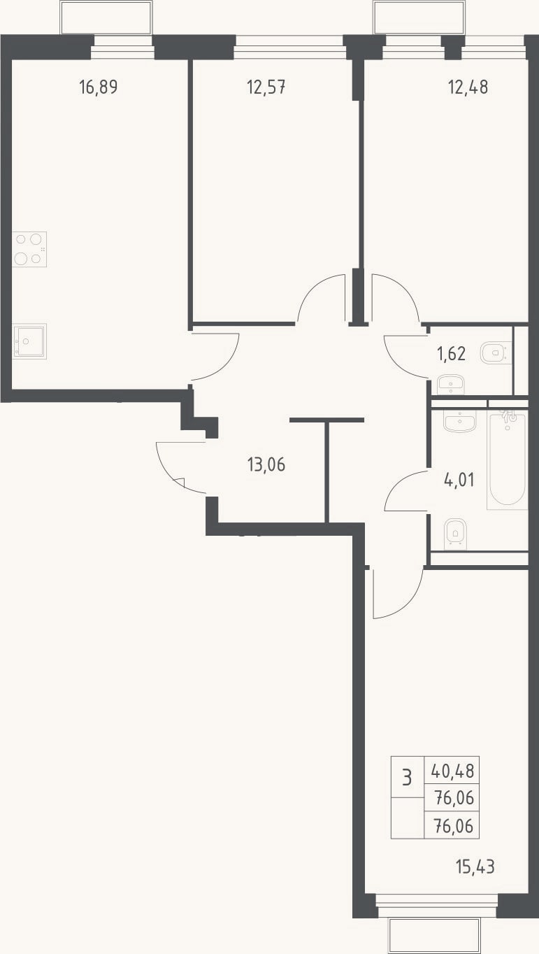 Планировка: 3-к, 76,1 м²