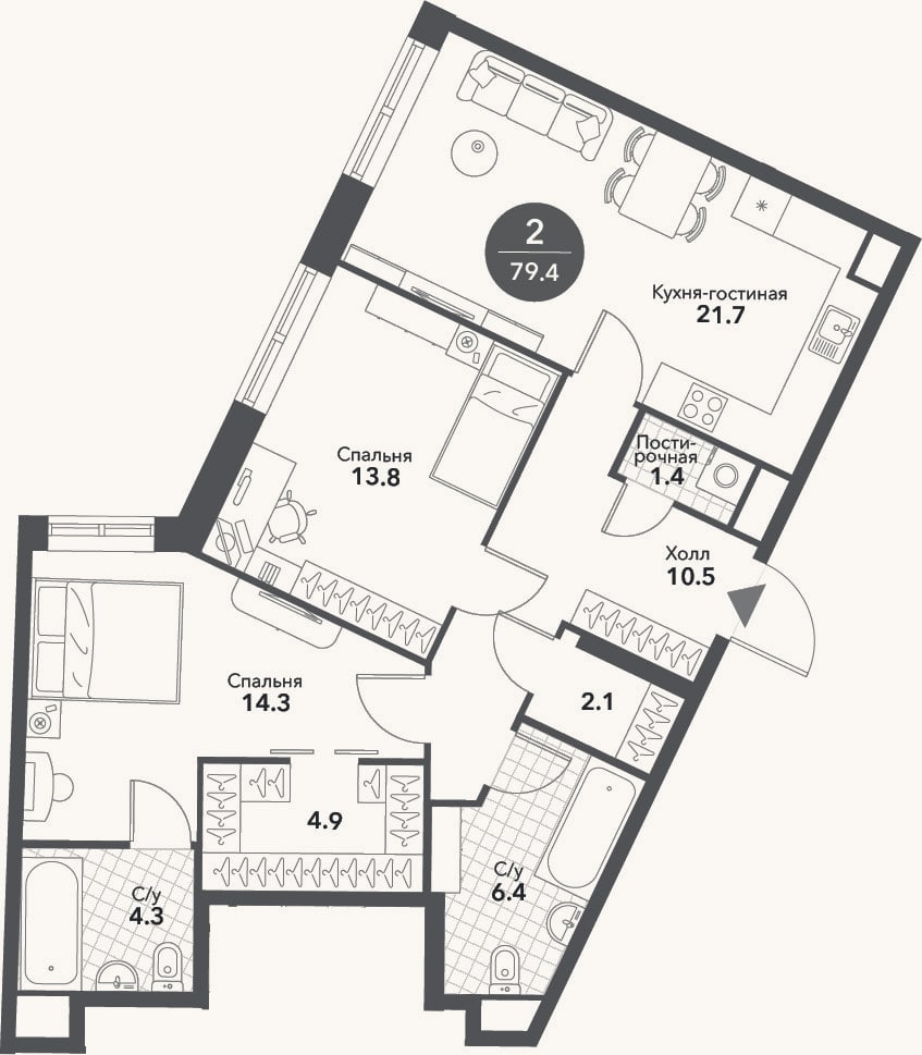 Планировка: 3-к, 79,4 м²