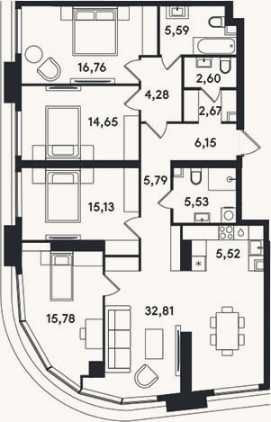 Планировка: 4+ к, 133,3 м²
