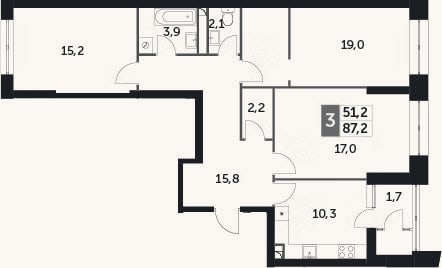 Планировка: 3-к, 87,3 м²