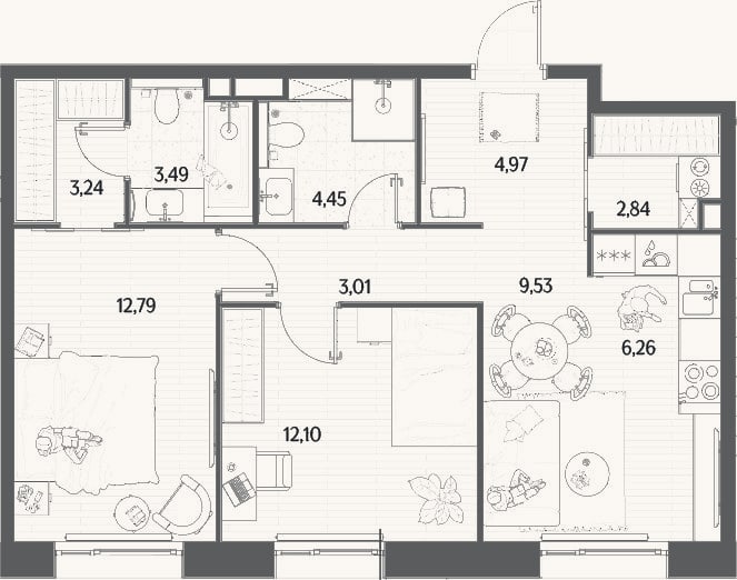 Планировка: 3-к, 62,7 м²