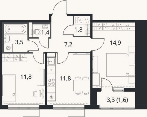 Планировка: 2-к, 52,4 м²