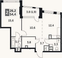 Планировка: 2-к, 52,5 м²