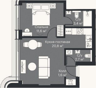 Планировка: 2-к, 38,8 м²