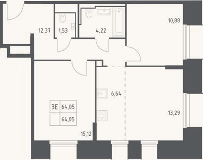 Планировка: 3-к, 64,1 м²