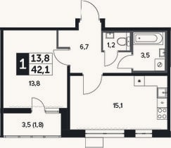Планировка: 1-к, 41,6 м²