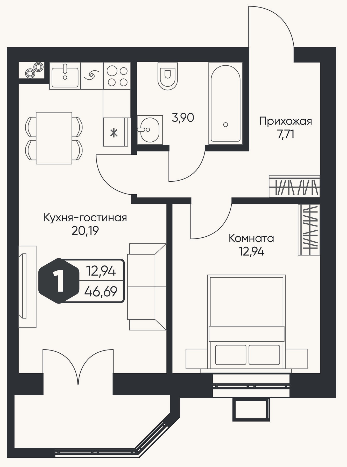 Планировка: 2-к, 44,7 м²
