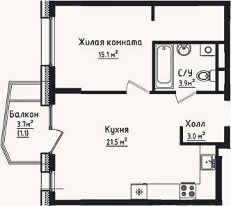 Планировка: 1-к, 43,5 м²