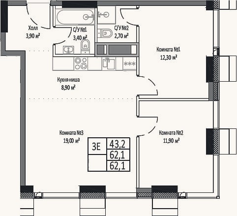 Планировка: 3-к, 62,1 м²