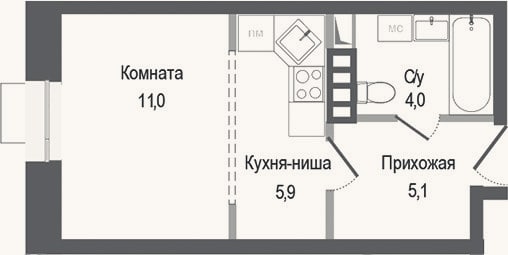 Планировка: Студия, 26 м²