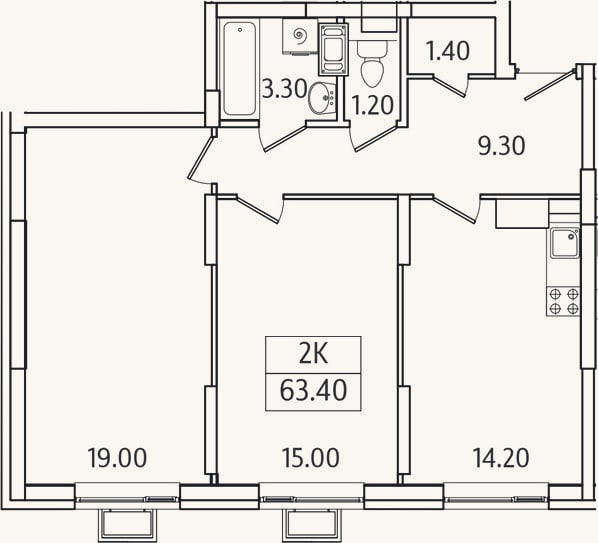 Планировка: 2-к, 63,4 м²