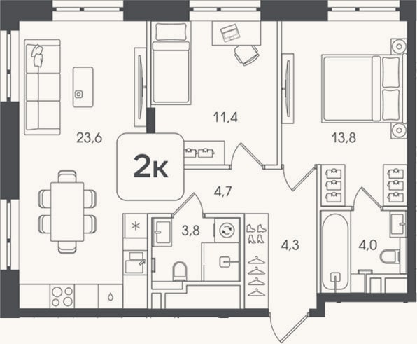 Планировка: 2-к, 65,6 м²